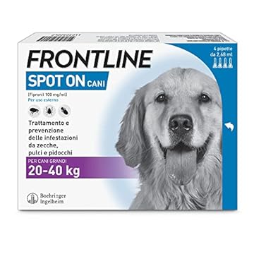 FRONTLINE Spot On, 4 Pipette, Cane Taglia L (20 - 40 Kg), Antiparassitario per Cani e Cuccioli di Lunga Durata, Protegge da Zecche, Pulci e Pidocchi, Antipulci In Confezione da 4 Pipette