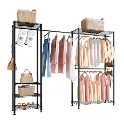 VEVOR Perchero, con 4 Barras y Capacidad de Carga de 363 kg, 6 Estantes y 8 Ganchos, Armario Abierto para Dormitorio, Tienda de Ropa, Guardarropa y Pasillo, Color Negro, 244 x 38 x 180,35 cm