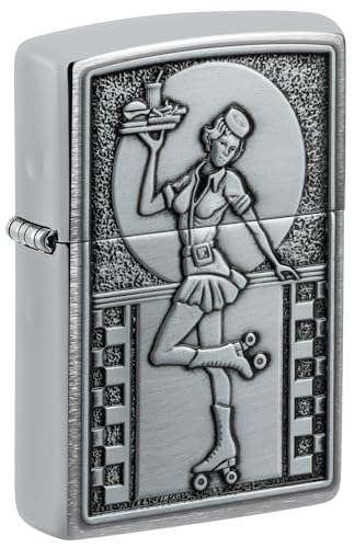Image of Zippo Roller Waitress Emblem Brushed Chrome,Windproof Pocket Lighter, Refillable, (BIS Certified)