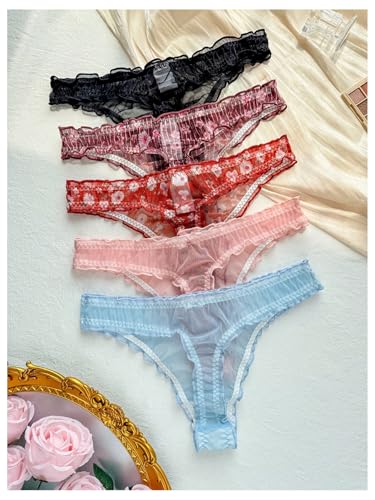 Image of SHENHE Women's 5 Packs Floral Lettuce Trim Bow Low Rise Cute Thong Panties Underwear