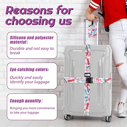 4 Pack Luggage Straps Set Adjustable Suitcase Belts With Quick Release Buckle Luggage Tags Travel Suitcase Tags With Name Id Card For Travel Bag Suitcase (Stamp Pattern) #TOP3