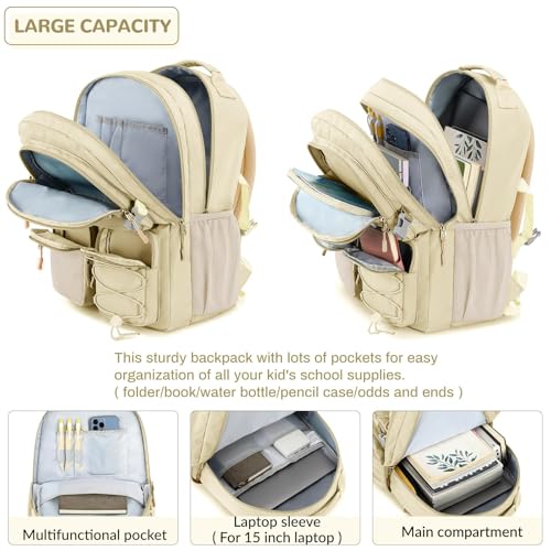 Image of Lohol Water Resistant Backpack with Mulitiple Pockets for School Travel Outdoor College, 15.6 inch Laptop Bookbag for Girls and Women (Beige)