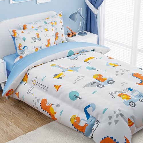Image of SANDJEST Dinosaur Comforter Set Twin Size 68x86in for Kids Boys, Microfiber 3 Pcs Bedding Set Includes 1 Comforter, 1 Pillowcase, 1 Fitted Sheet, Nursery Room Decor