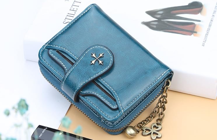 Small Vintage Genuine Leather Wallet for Women Bifold Zip Coin Pocket Goth Style Mini Purse Red (Blue)4