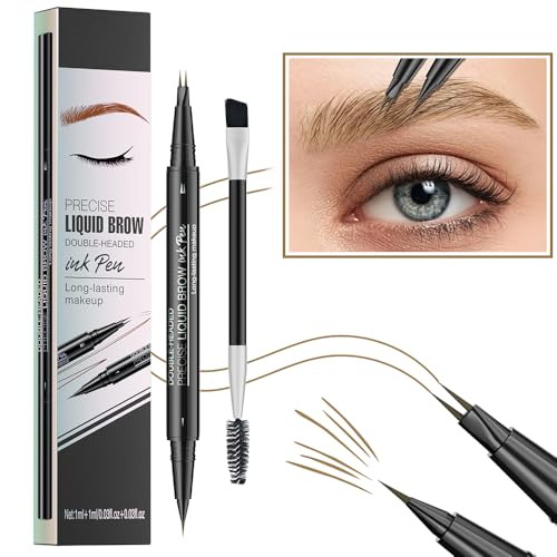 Pinkiou Eyebrow Pen,Microblading Eyebrow Pen,2-In-1 Waterproof Eyebrow Pen,Dual-Ended Eyebrow Pen with 2-Fork-Tips and Precision Brush,Eyebrow Pen for Natural Hair-Like Brows,Long Lasting,Light Brown