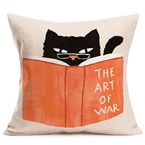 Asminifor Animal Pillow Covers Abstract Cute Black Cat Reading The Art of War Book Decorative Throw Pillow Covers Cotton Linen Square Pillowcase for Home Sofa Cushion Cover 18