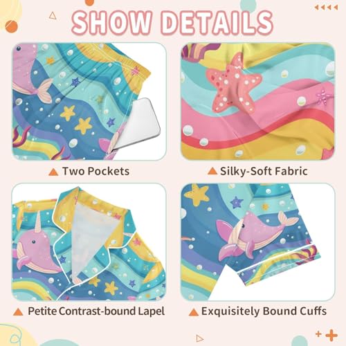 senya Rainbow Wave Whale Satin Summer Pajama Sets Silk Short Sleeve Button Down Sleepwear3