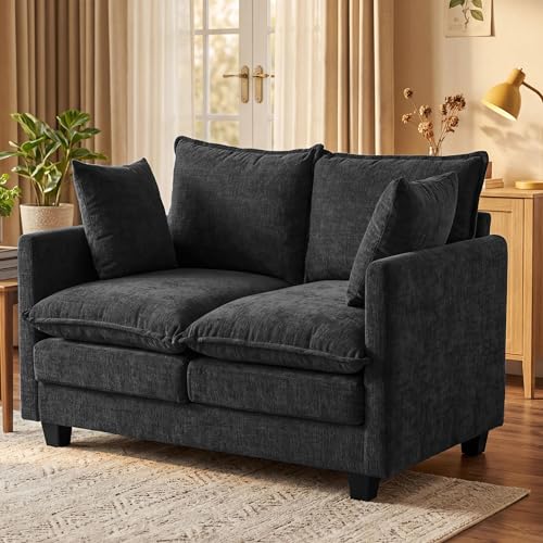 Image of Loveseat Sofa with Cloud 3-Layer Cushion & 27 inch Deep Seat, Modern Small Couch with 2 Washable Pillows for Small Spaces, Bedroom, Apartment, Office, Living Room, in a Box, 50-Inch Black