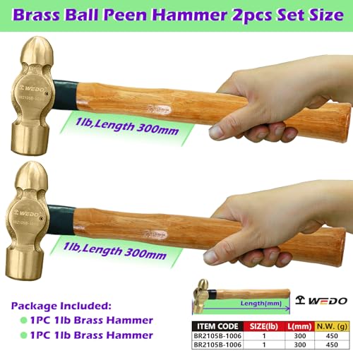 Image of WEDO 2PCS Brass Ball Peen Hammer Set, 16 oz+16 oz(1lb+1lb), Brass Ball Pein Hammer Set with Wooden Handle, Die-Forged, Corrosion Resistant, DIN Standard