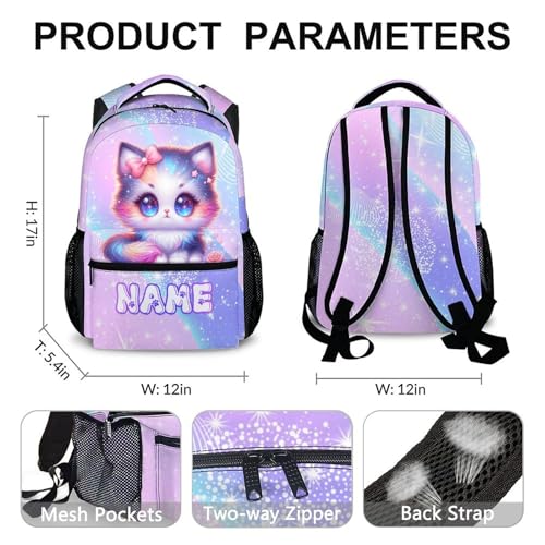 School Cat Backpack for Girls, Custom Bookbag for Kids Kindergarten Elementary Primary Middle College, 17 Inch Large Capacity Personalized Cat Backpacks Gift4
