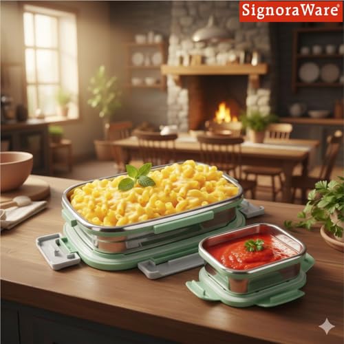 Image of SignoraWare Quickmeal Stainless Steel Small Lunch Box | Airtight & Leakproof | Portion Control | Easy to Carry | Ideal for Office, School, Kids & Travel (650ml + 130ml | Egreen)