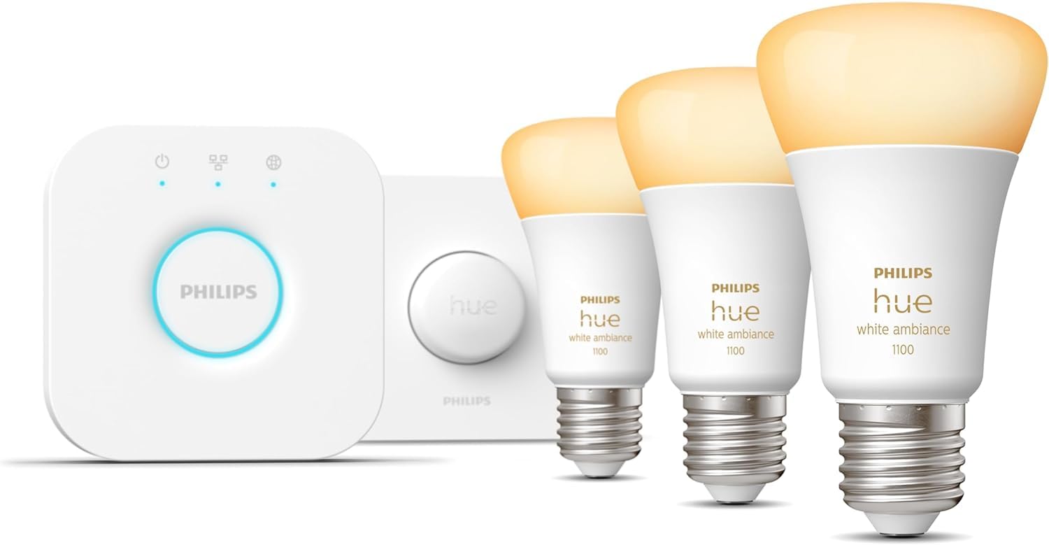 Philips Hue Kit de démarrage White Ambiance : 3 Ampoules LED Intelligentes et connectées E27, Pont de Connexion, Bouton Smart Hue, Compatible Bluetooth, Alexa, Google Assistant, Apple HomeKit