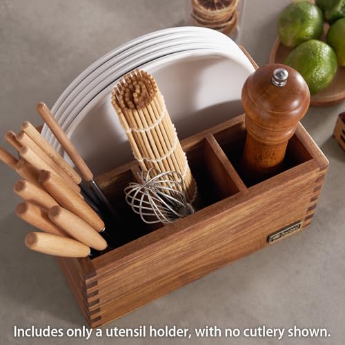 SANOSY Acacia Wood Utensil Holder, Paper Plate Dispenser Organizer for Countertop - 4 Compartment Silverware Caddy for Friendsgiving Party - Cutlery Holder for Cup, Fork, Spoon, Kitchen, Camping by SANOSY - Image 4
