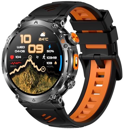 findtime Reloj inteligente militar GPS para hombre con brújula altímetro LED linterna Bluetooth llamadas reloj deportivo para hombres compatible con Android e iOS, naranja, Correa