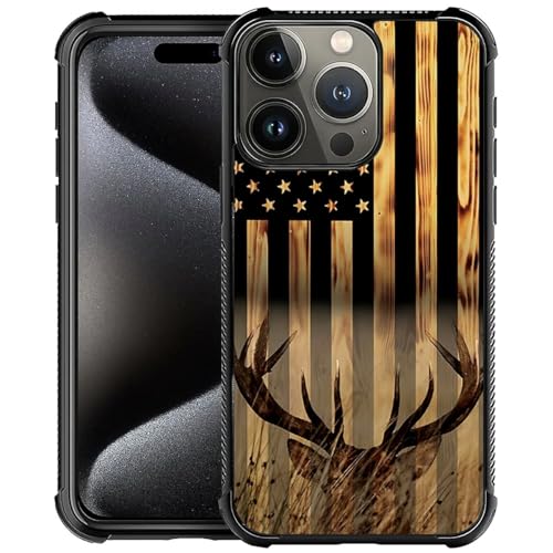 DJSOK Compatible with iPhone 16 Pro Case，Design Pattern Back Bumper Anti Scratch Reinforced Corners Soft TPU Caver,Cases for Men Women-Wood Grain American Flag Buck Hunter Deer