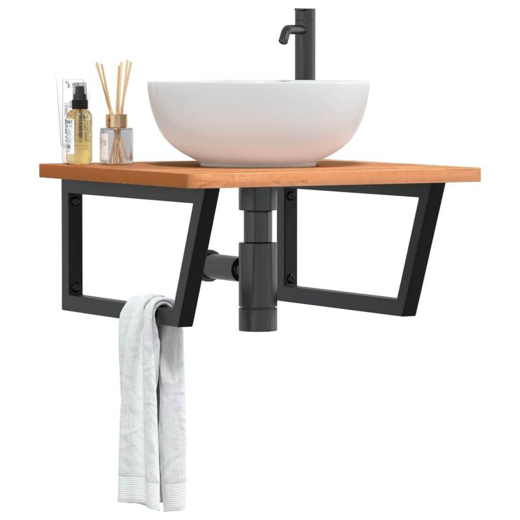 Scaffale per lavandino, montaggio a parete, in acciaio e legno massello di faggio, 60 x 60 x 2,5 cm, nero, stabile supporto trapezoidale, salvaspazio, con vano portaoggetti per bagno, WC degli