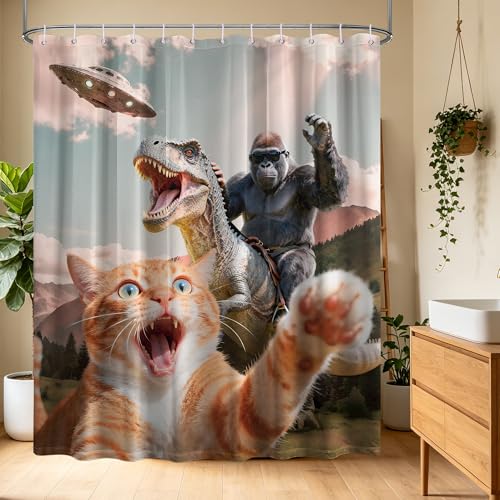 Image of Funny Cat Riding Dinosaur Shower Curtain UFO, 70x72 Inch | Boys Design, Gorilla Pattern Theme, Monkey Bathroom Decor Sets, Waterproof Cloth Fabric, with Hooks