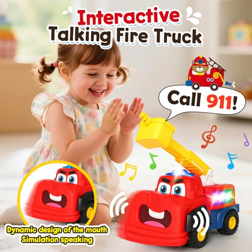 Image of Interactive Talking Fire Truck Toy for Toddlers 1-3, Musical Toy with Realistic Sirens & Sounds & Lights, Recording Repeating Learning Toy, Car Toddler Toys for 2 Year Old Boy Girl Birthday Gifts