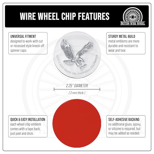 Image of Zenith Eagle Chrome & White Metal Wheel Chip Emblems (Set of 4) | Triple Chrome Plated Solid Metal Wheel Chip Emblems, 2.25 inch | for Lowriders with Recessed Knock Off Spinner Caps