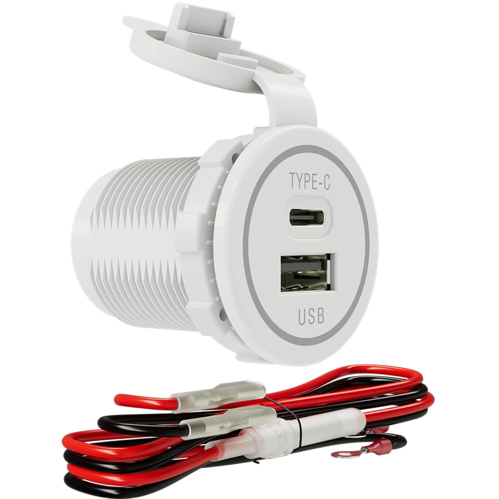 DAMAVO YM1218 USB Type C 12V PD30W FAST CHERGER Waterproof with Cap Type C USB Car Charger Socket 12V/24V for Car, Boat, Golf Cart, Bus, RV, Golf, Automotive Marine ATV Truck (15W-White 1 PCS)