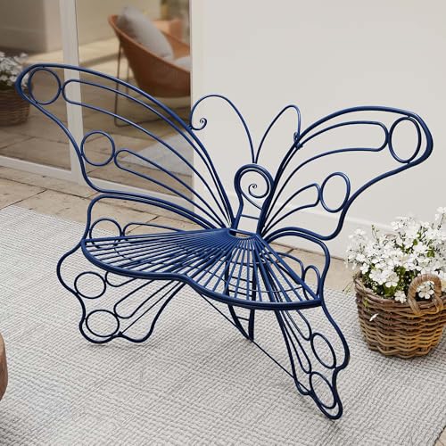 HRVEOCEI Navy Blue Cute Butterfly Benches for Outdoors Pretty Garden Bench & 50 Metal Outside Bench Front Porch Benches Outdoor with Sturdy Frame for Lawn Yard Balcony (Navy Blue)