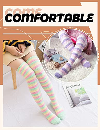 MOGGEI Womens Thigh High Fuzzy Socks Warm Winter Over Knee High Long Striped Fluffy Cozy Fleece Socks 2 Pairs4