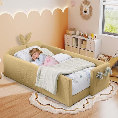 Image of Twin Size Bed Frame for Kids, Upholstered Daybed Frame Floor Bed with Safety Rails and Storage Pocket Cute Rabbit Ear Shaped Headboard for Kids Teens Boys Girls, Yellow
