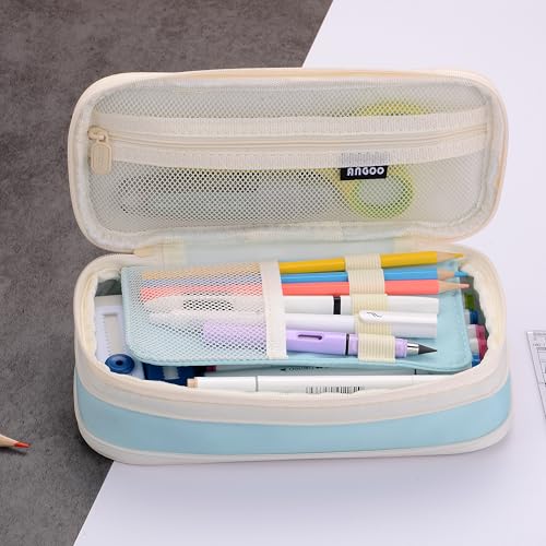 Image of Large Capacity Big Special Cute Aesthetic Preppy Canvas Pencil Case Organizer Holder Pouch Bag with Zipper Compartments, Pen Cases for Women Girls School Adults (Sky Blue)