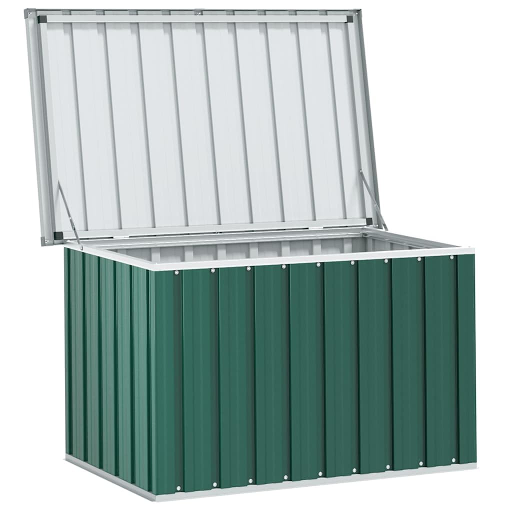 Contenitore da giardino verde in acciaio zincato, 109 x 67 x 65 cm, con coperchio ribaltabile per cuscini e armadietto per attrezzi, per tenere ordine all'aperto