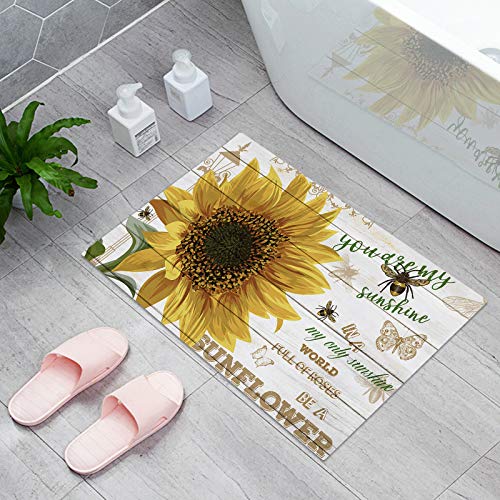 Segard Rustic Sunflowers And Bee Doormats Entrance Front Door Mat Bath Rugs Farm Wooden Board Decorative Indoor/Kitchen/Bedroom/Entryway Floor Bathroom Mats, Non-Slip Rubber Backing Carpets #TOP2