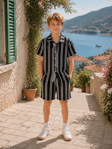 Image of Cakaner Tween Boys Summer Clothes 2 Piece Short Sleeve Graphic T-Shirt and Shorts Casual Outfit Set Size 7-14