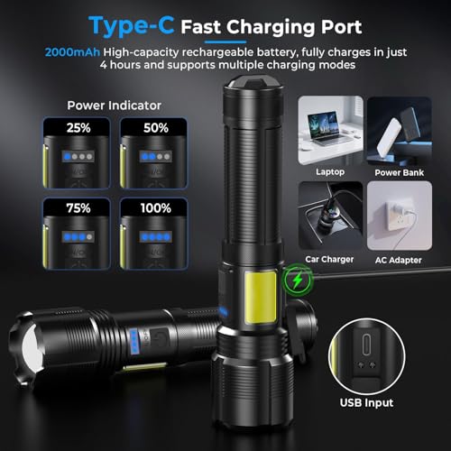 Image of Svoko Torch Light High Power Rechargeable, IPX7 Waterproof Led Charging Flashlight High Beam 800m Long Range with 7 Light Modes, Adjustable Portable Powerful Torchlight for Camping