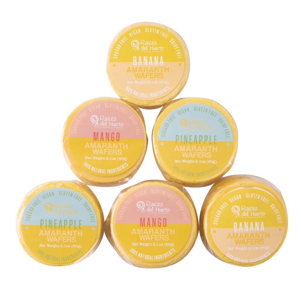 Raíces del Huerto. Amaranth Wafers Thins-Obleas – Low calorie Snack. (Yellow (Banana, Mango, Pineapple), 6 Pack)