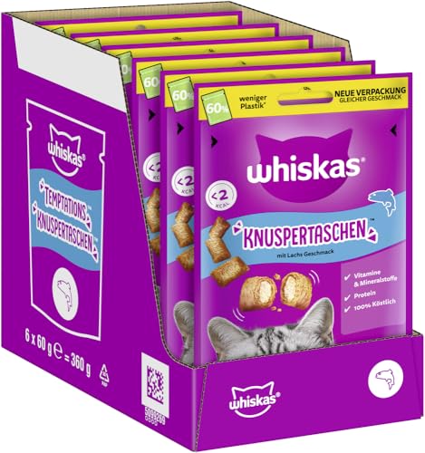 WHISKAS Knuspertaschen Katzensnacks mit Lachs 6 x 60g Leckere Lachs-Snacks für Katzen