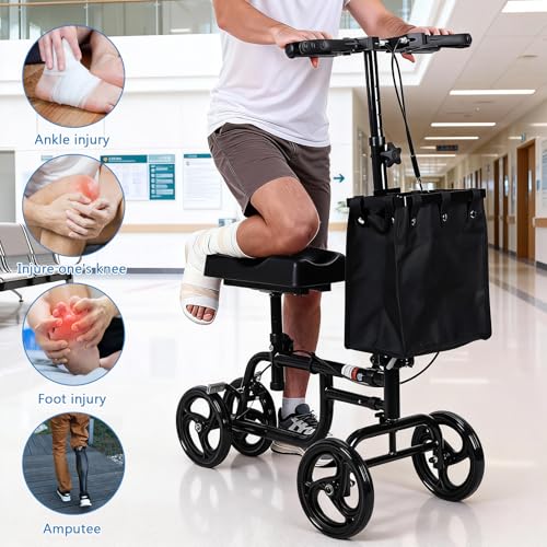 Image of Knee Scooter for Adults Foldable High Carbon Steel Knee Roller Scooter with Shock Absorption & Removable Bag, Adjustable Knee-Scooter for Foot /Ankle Surgery Recovery Black