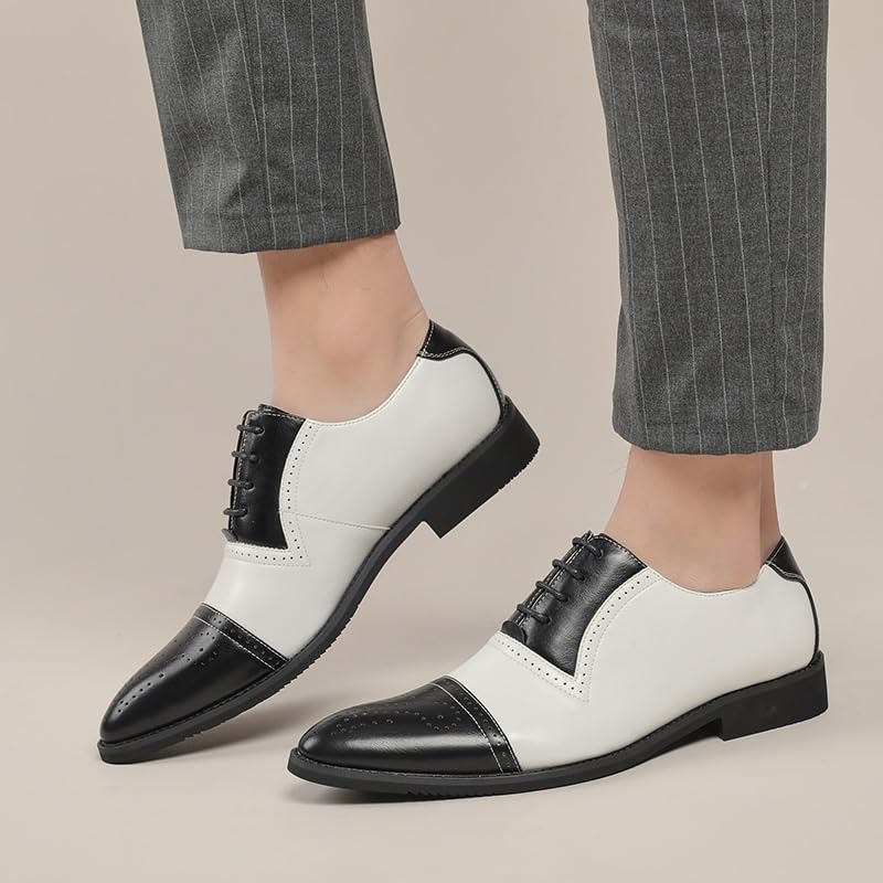 New Dress Shoes for Men Lace Up Pointed Burnished Toe Two Tone PU Leather Oxford Shoes Anti-slip Slip Resistant Rubber Sole Low Top Block Heel Wedding2