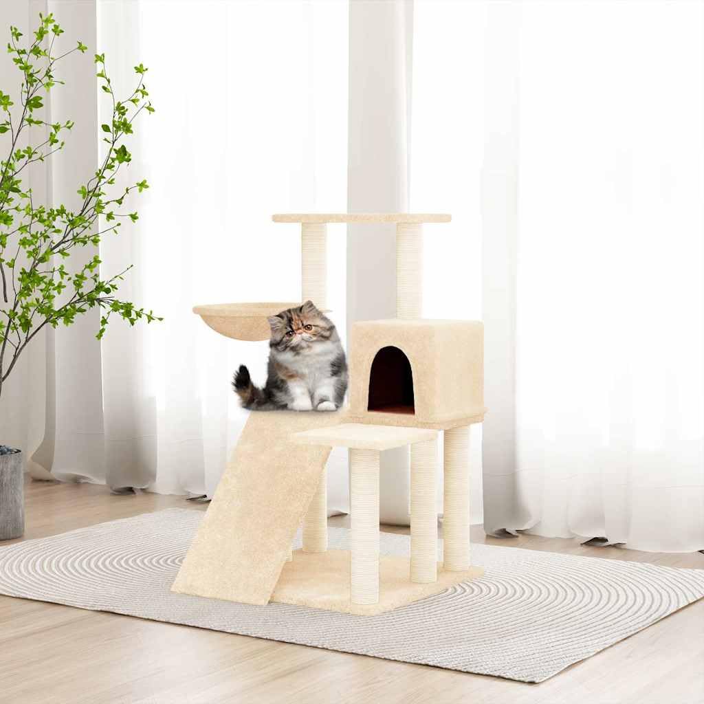 Kratzbaum mit Sisal-Kratzsäulen & Leiter, Katzenturm 82 cm hoch, Kleiner Katzenkletterbaum mit Katzenhaus, Hängematte & Plattformen, Katzenmöbel aus Plüsch in Creme