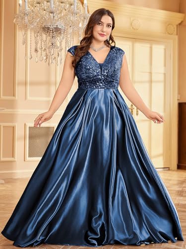 Image of Plus Size Satin Mother of the Bride Formal Gown for Wedding Sleeveless V-Neck Evening Dress