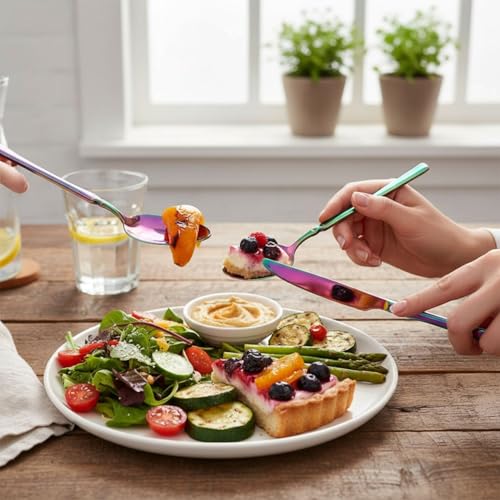 Image of Elegant Handle Rainbow 30 Pcs Stainless Steel Cutlery Set for Dining Table, Dishwasher Safe Glossy Flatware (6 Spoon Set+6 Forks Set+6 Butter Knife+6 Dessert Spoon+ 6 Fruit Fork)