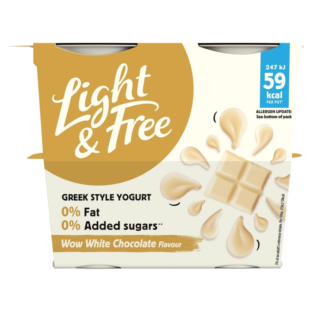 Light & Free White Chocolate Flavour, 0% Fat and No Added Sugar, Greek Style Yogurt, 4 x 115g