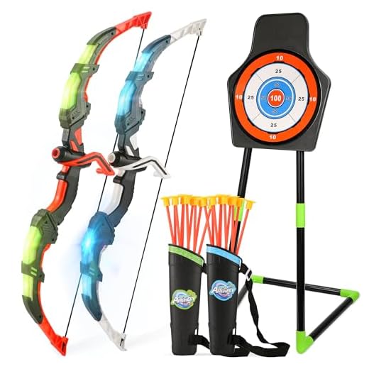Bow and Arrow Set for Kids, 2-Pack LED Light Up Archery Set with 20 Suction Cup Arrows, Indoor and Outdoor Toy for Boys Girls Age 4-8 8-12 with Standing Target&2 Quivers, Birthday Gift 3-12 Years Old