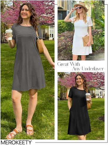 MEROKEETY Women's Summer Short Lace Sleeve T Shirt Dress Casual Crew Neck Pleated Front Shift Dresses4