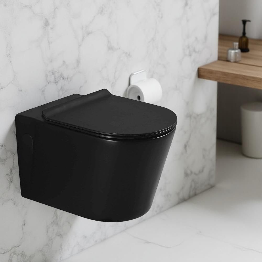 Milano Wall Hung WC (1 Pc Set) - Round | Ceramic Wall Mounted Water Closet | Space Saving Toilet Bowl (57x35x35cm) - Matt Black Finish | All Hardware Fittings (Included)