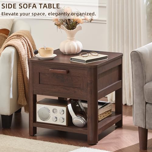 Image of Joaxswe Farmhouse Night Stand Set of 2 with Charging Station, Wood Bed Side Tables Bedroom Set of 2 with Drawer & Open Storage Shelf, Walnut