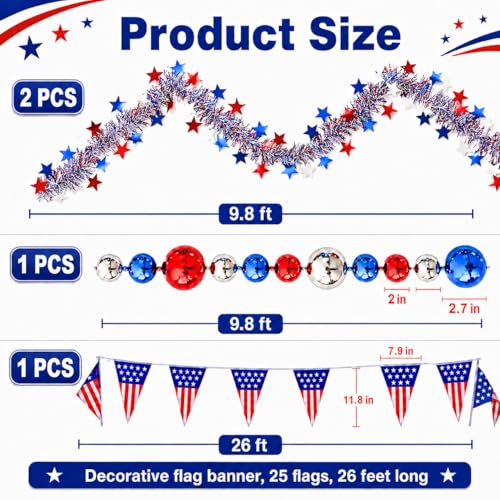 Image of Patriotic Decor Set, 2 Pack 9.8FT Tinsel Garlands, 9.8FT Bead Garland & 26FT Triangle Pennant Banner with 25 Flags, 4th of July Decorations Garland, Patriotic Garland for Mantle