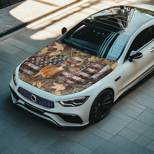 Image of 59x39 Inch Hood Cover for Compact Cars SUV Sedans Trucks, Waterproof Stretchable Deer American Flag Car Hood Wraps Auto Banner Auto Dcorative Accessories