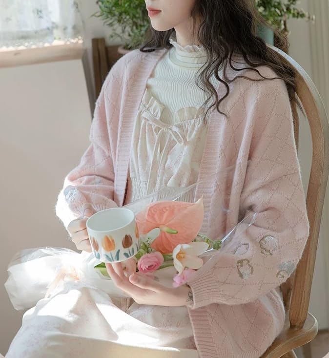 Image of Women's Japanese Sweetheart Kawaii Knitted Cardigan Pink Loose Front Cardigan College Style