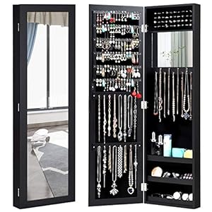 Giantex Jewelry Armoire Cabinet Wall Door Mounted with Full Length Mirror, Jewelry Organizer with Makeup Mirror, Ring Earring Slots, Necklace Hooks, Large Capacity Storage Jewelry Armoire (Black)