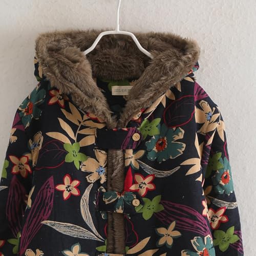 LZJN Women's Quilted Parka Coat - Cozy Blue Floral Hooded Jacket for Winter, X-Large Size - Image 8