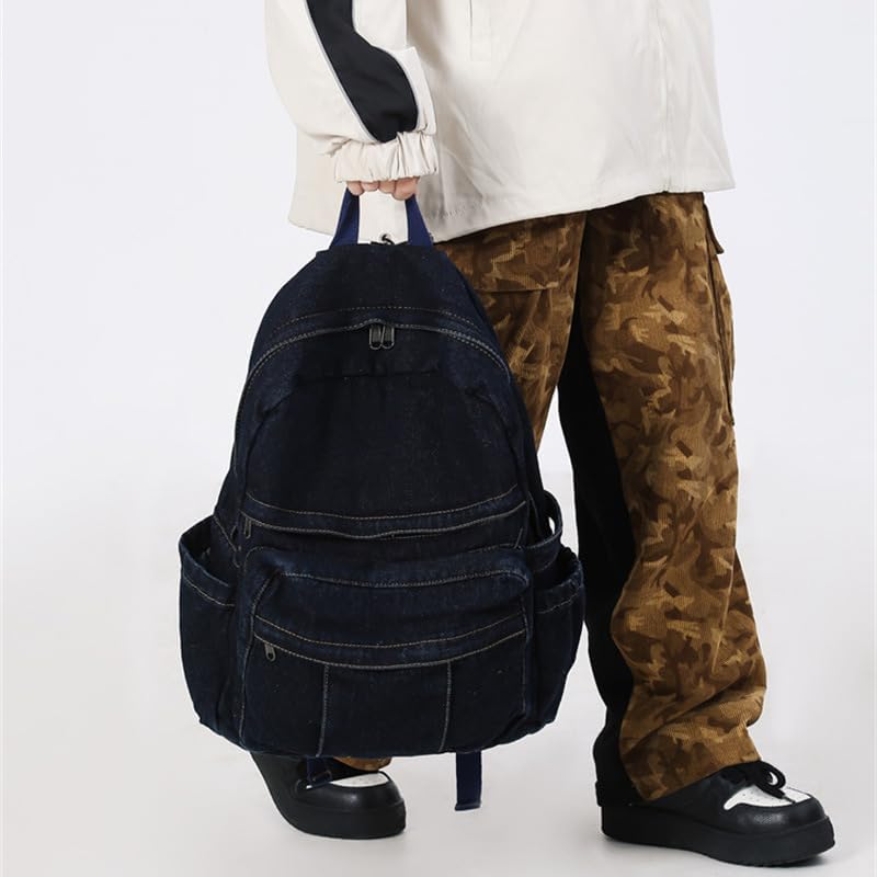 Denim Backpack for Women Men Y2K Aesthetic Daypack Classic Retro Jeans Backpacks Casual Lightweight Laptop Backpack (Dark Blue) - Image 5